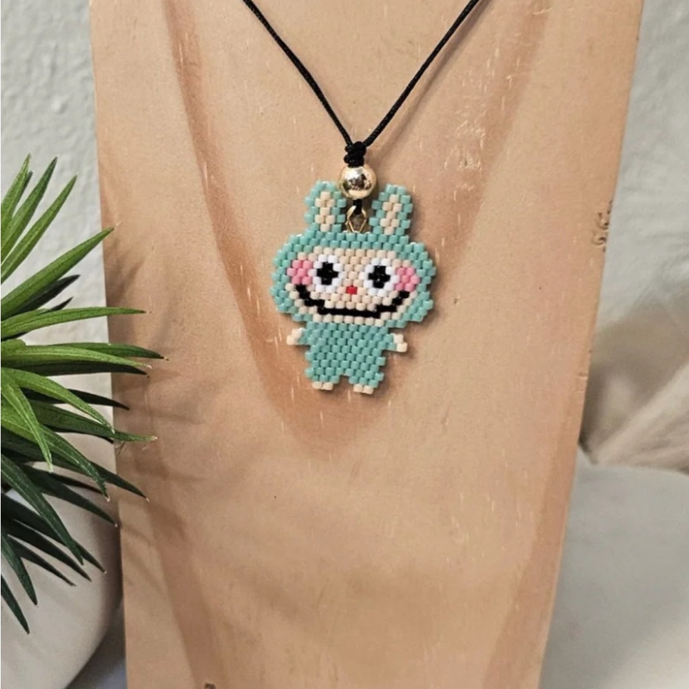 Handmade - Cute Labubu Blue Beaded Pendant Necklace